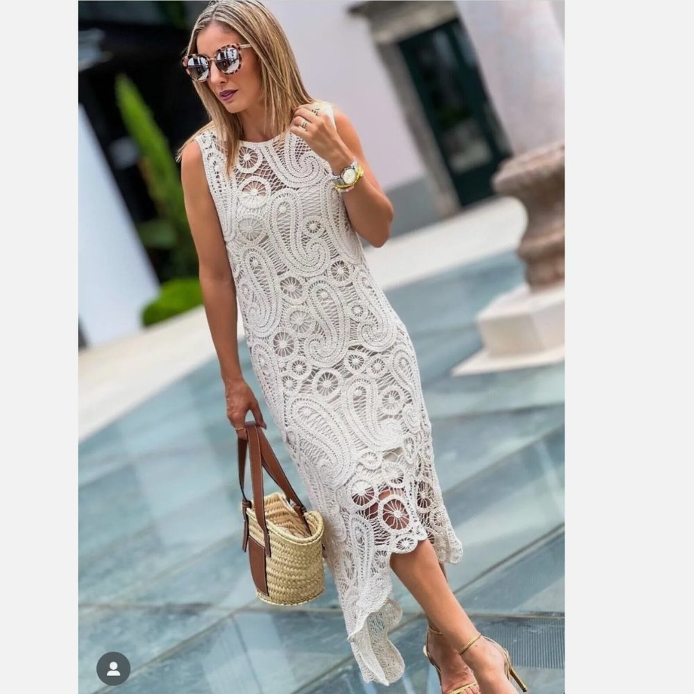 ZARA NEW WOMAN MIDI ASYMMETRIC CROCHET DRESS STRAW S M L